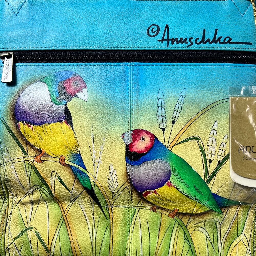 NWT ANUSCHKA Large Leather Zip Top Tote/ Hand Painted Colorful Finches OOAK‎